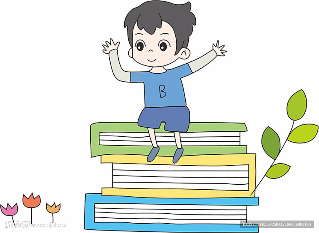 男孩坐书堆畅享阅读时光