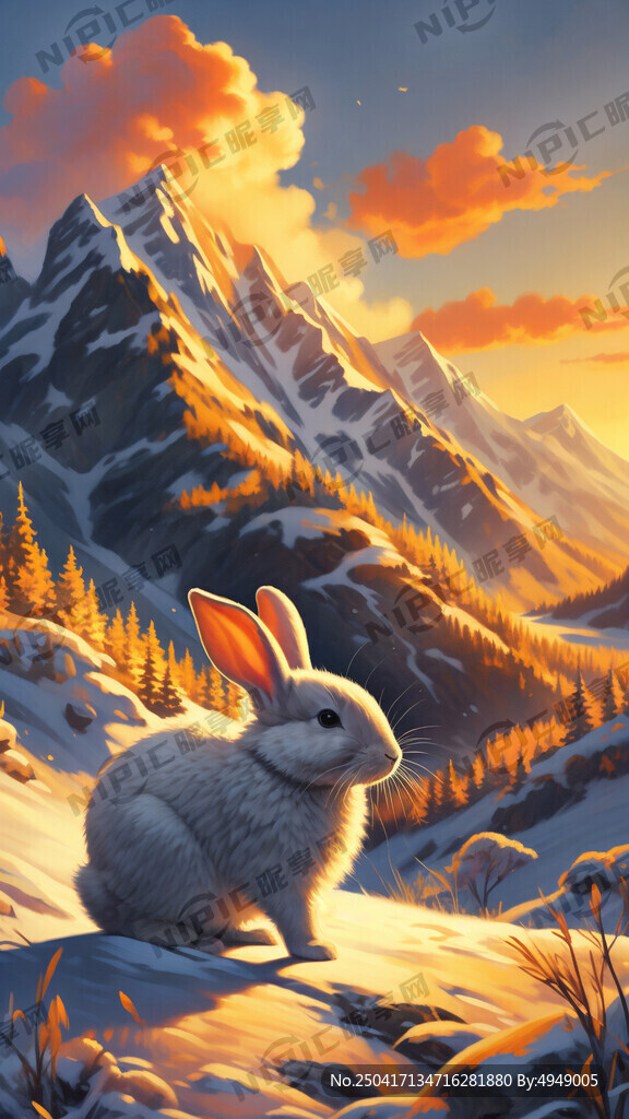 一只白兔 一灰兔子 在雪山脚下