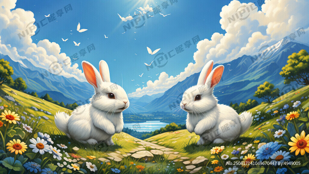 两只白兔开心活泼  阳光明媚
