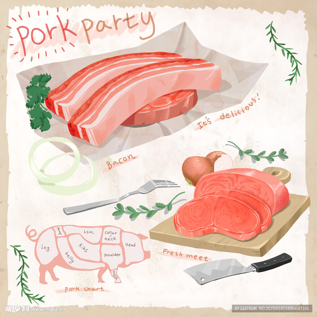 猪肉派对食材插画