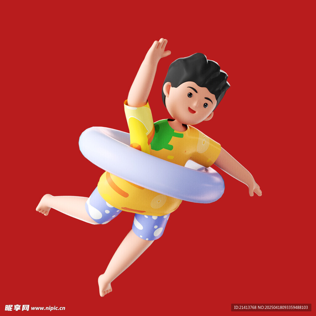 男孩戴游泳圈快乐跃起