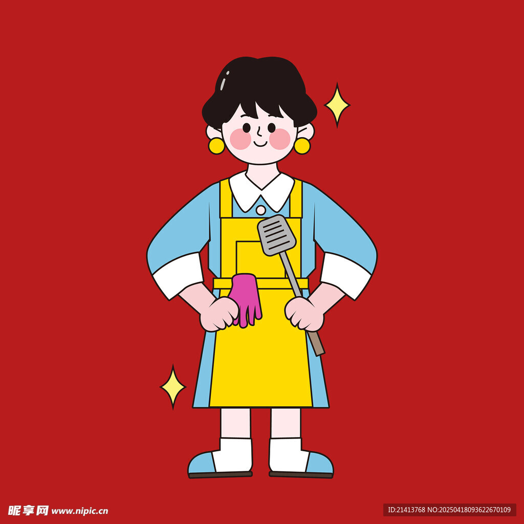 可爱围裙女孩手持厨具