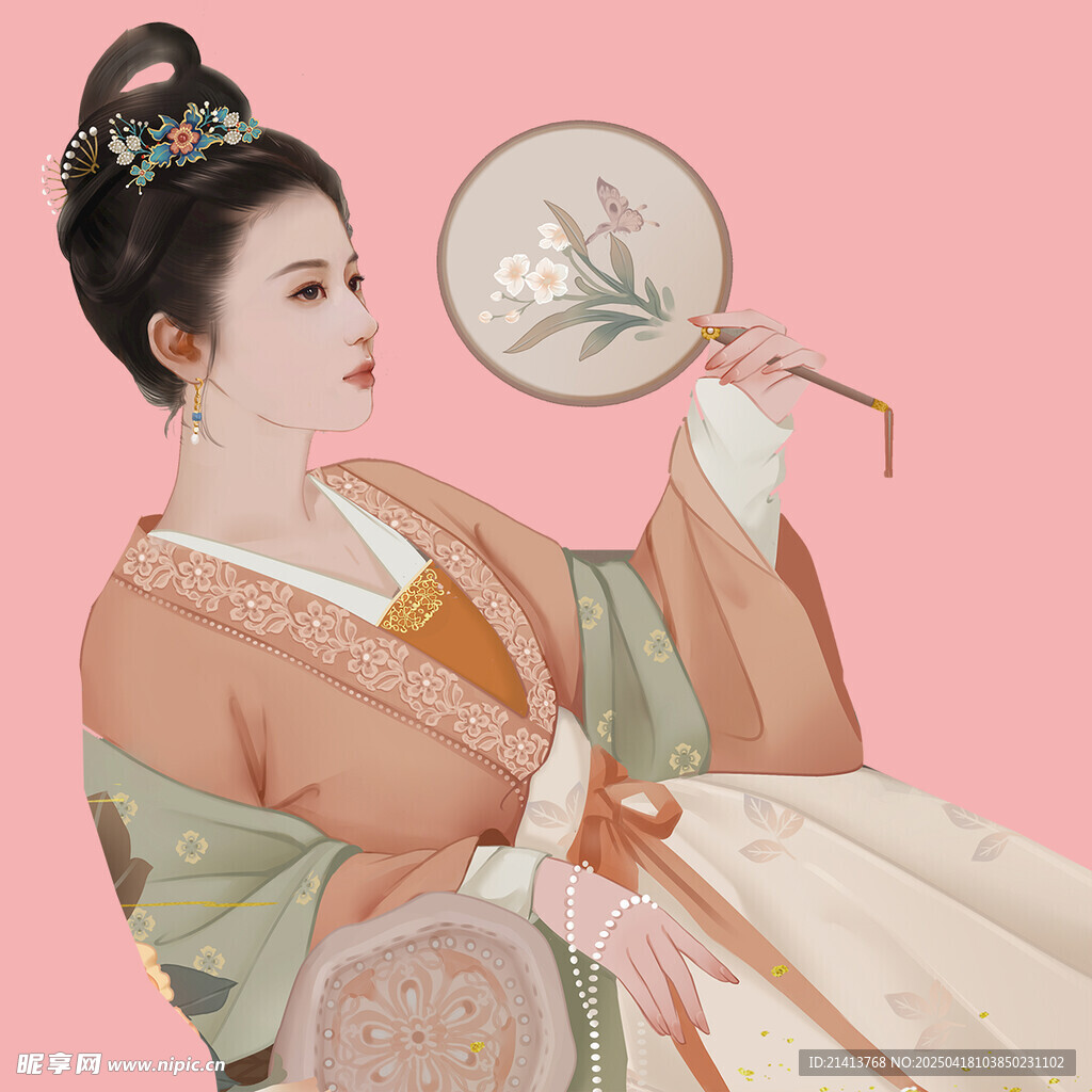 古风佳人持扇优雅姿态