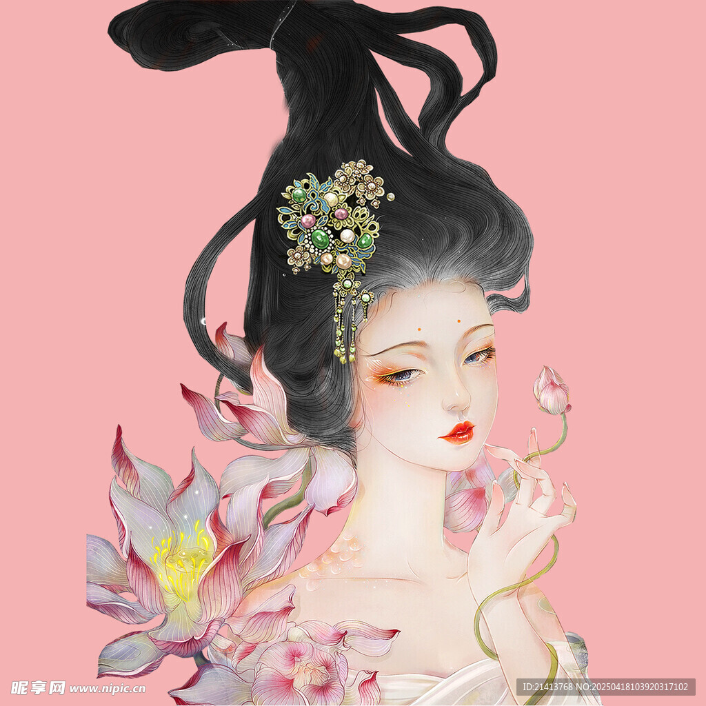 古风美人赏荷图