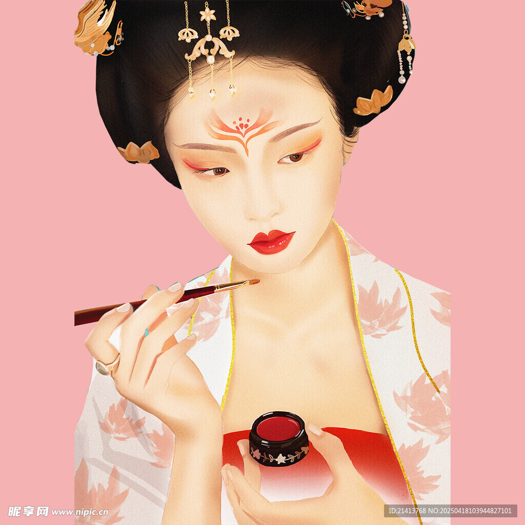 古风女子持笔专注描妆容