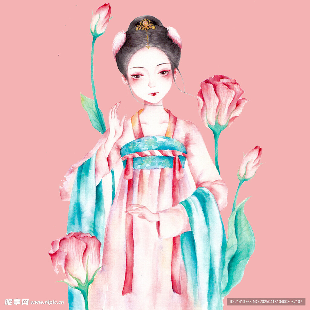 古风汉服美人与花卉
