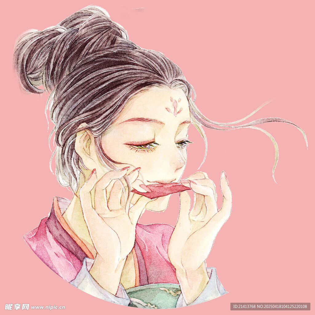 古风女子轻咬红丝带