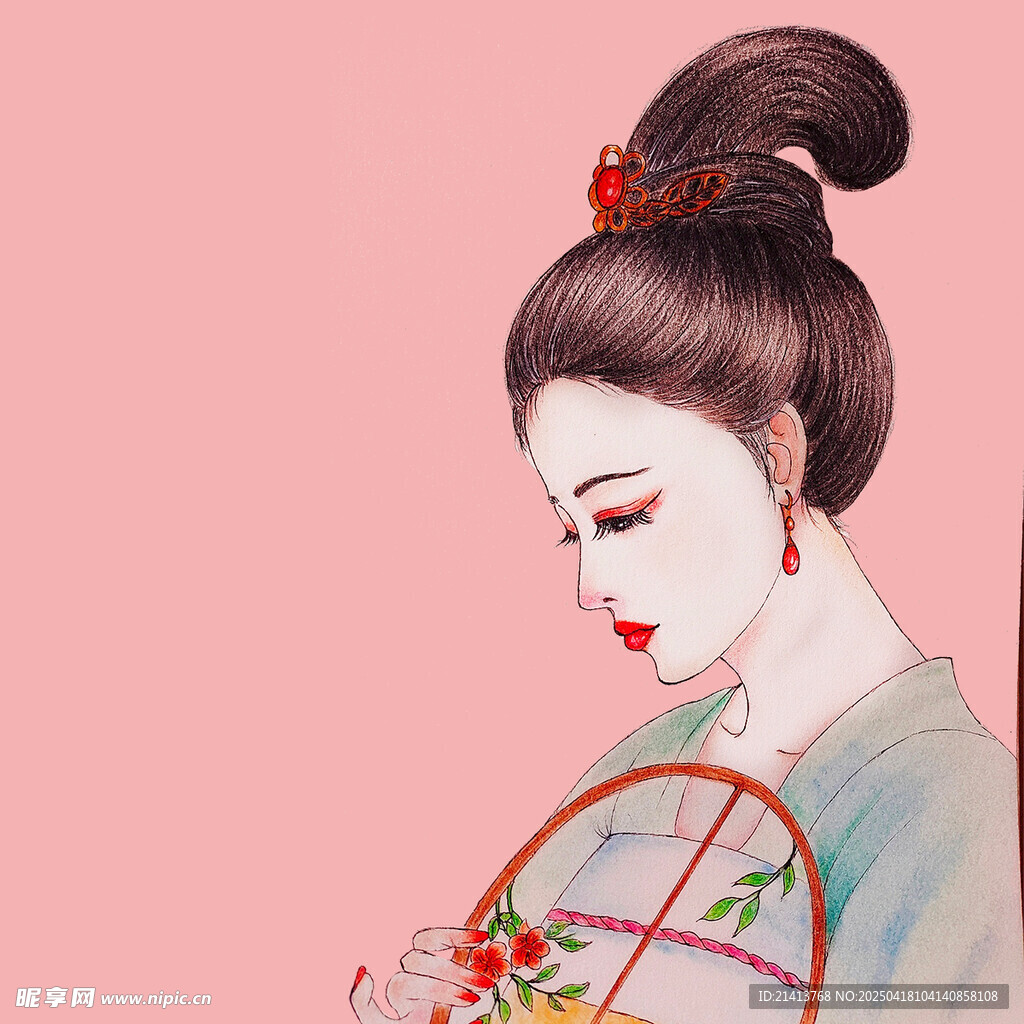古典美人持扇侧颜图