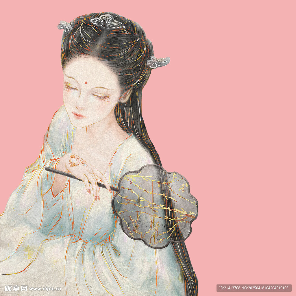 古风女子持扇优雅赏物