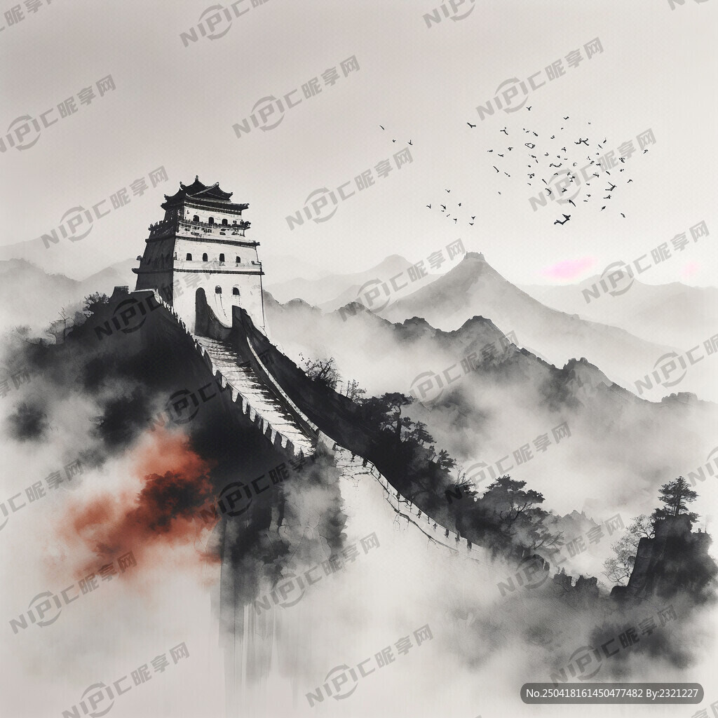 万里长城特写 单色 剪纸效果