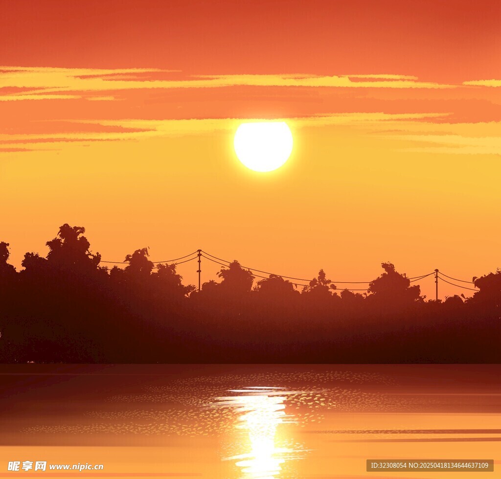 夕阳下的湖面与树木美景