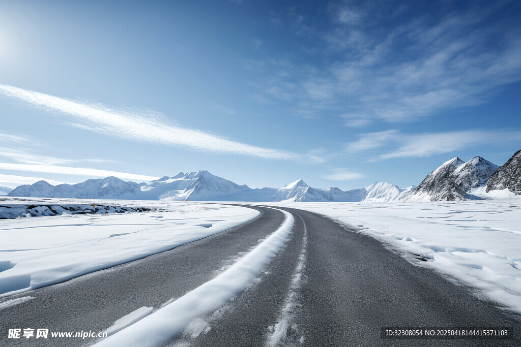 雪地公路延伸至雪山