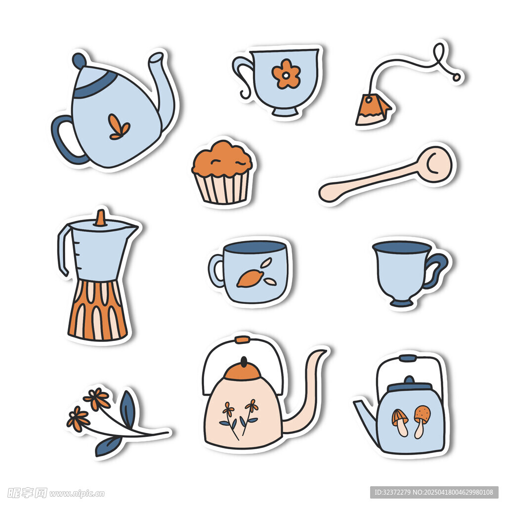 手绘可爱茶具与甜点图案
