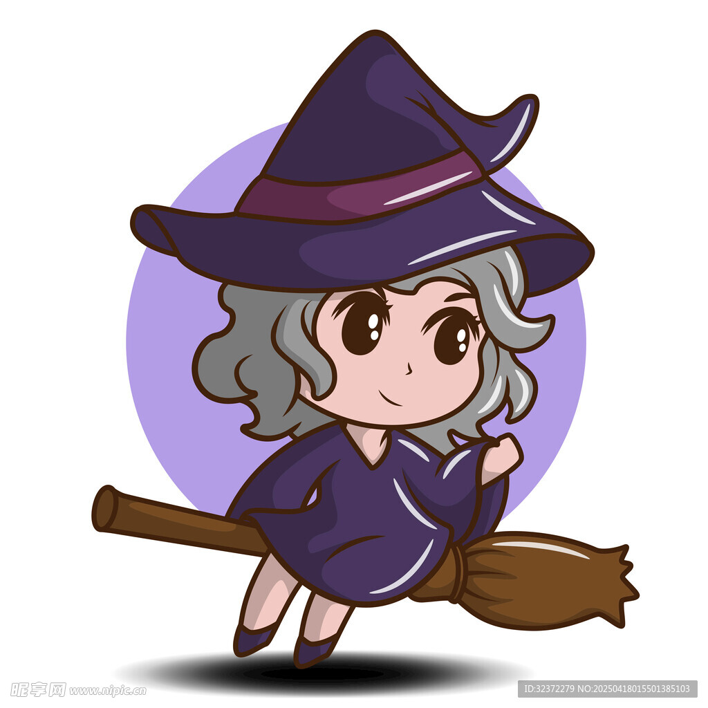 可爱小女巫骑扫帚飞行