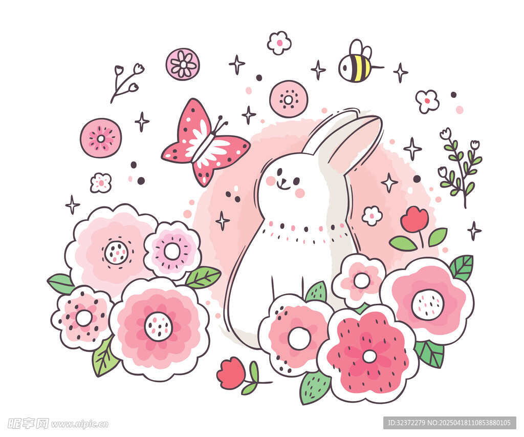 兔子与繁花的梦幻插画