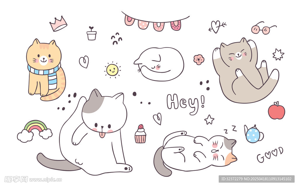 可爱猫咪涂鸦插画元素