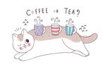 趴着的猫咪与咖啡茶具