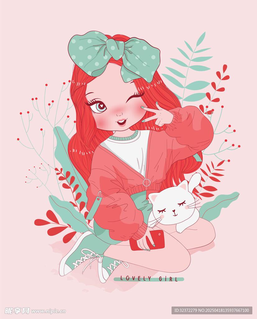 红发女孩与猫咪的温馨画面