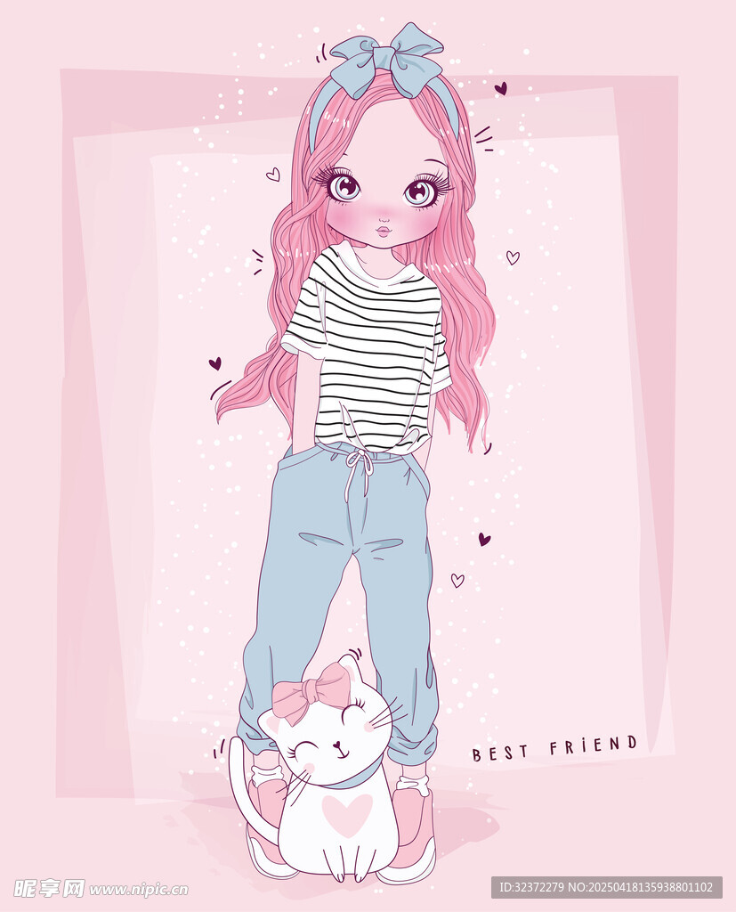 粉发女孩与猫咪的温馨画面