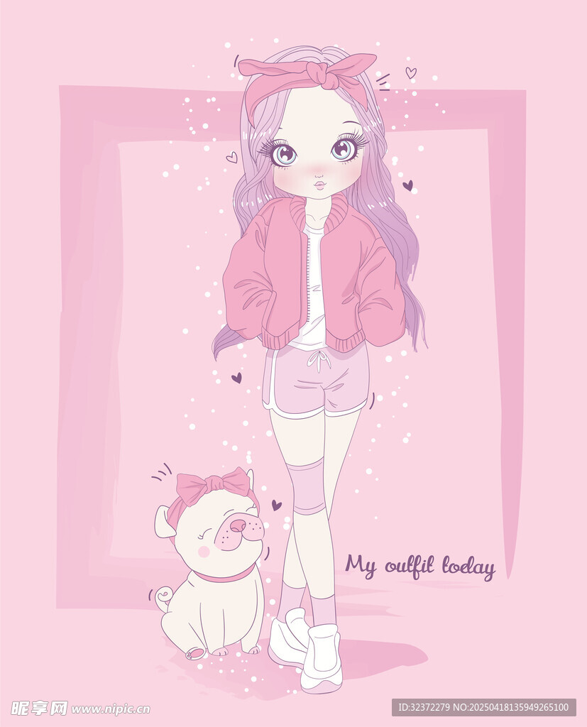 粉色系可爱少女与玩偶