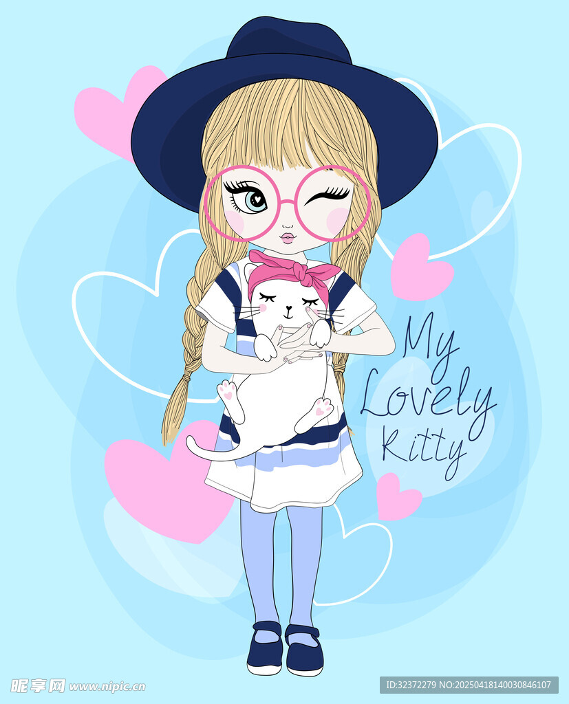 可爱女孩抱猫咪卡通插画