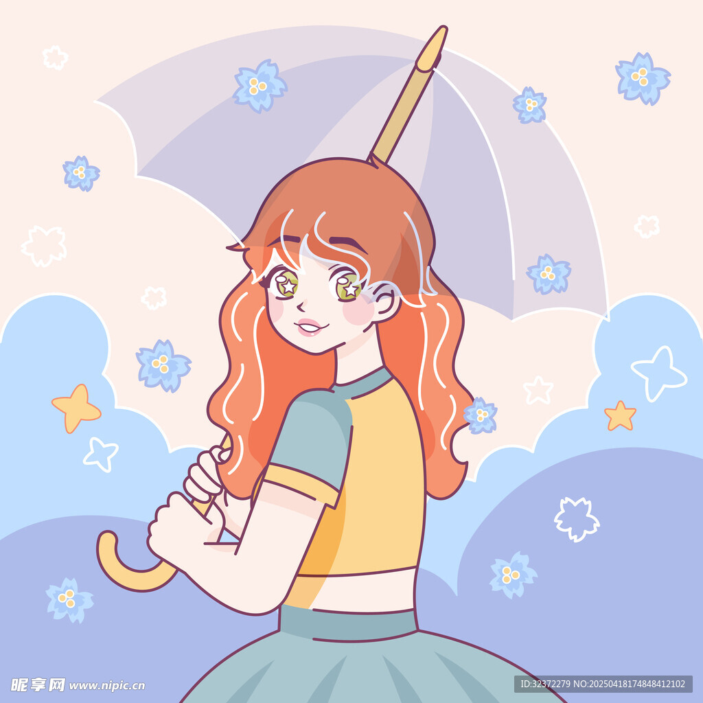 撑伞的甜美卷发少女