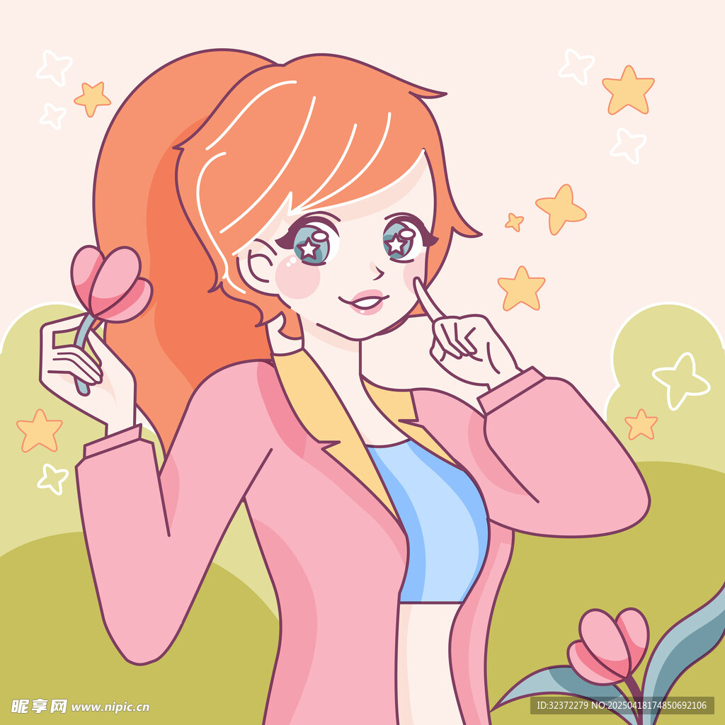 红发女孩手持花朵赏美景