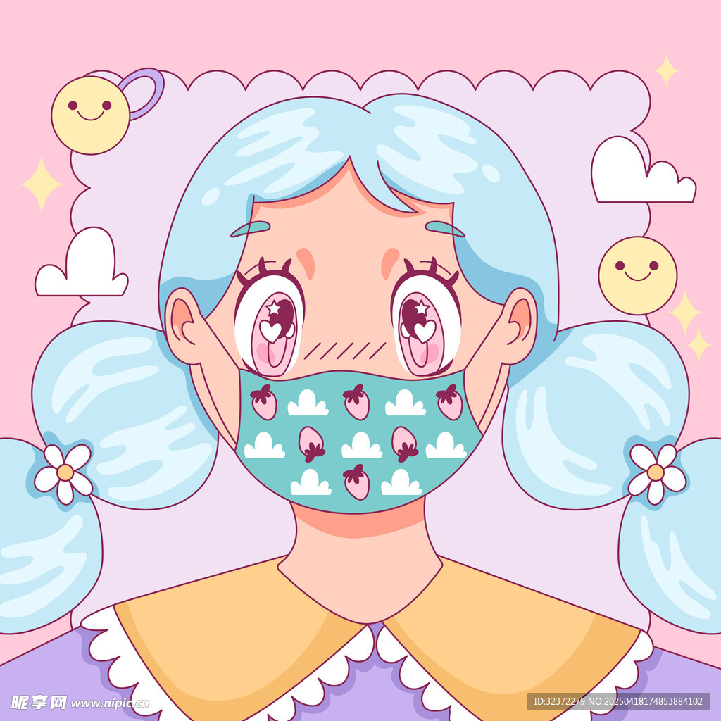 戴口罩的双马尾卡通女孩