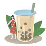 女孩与珍珠奶茶插画