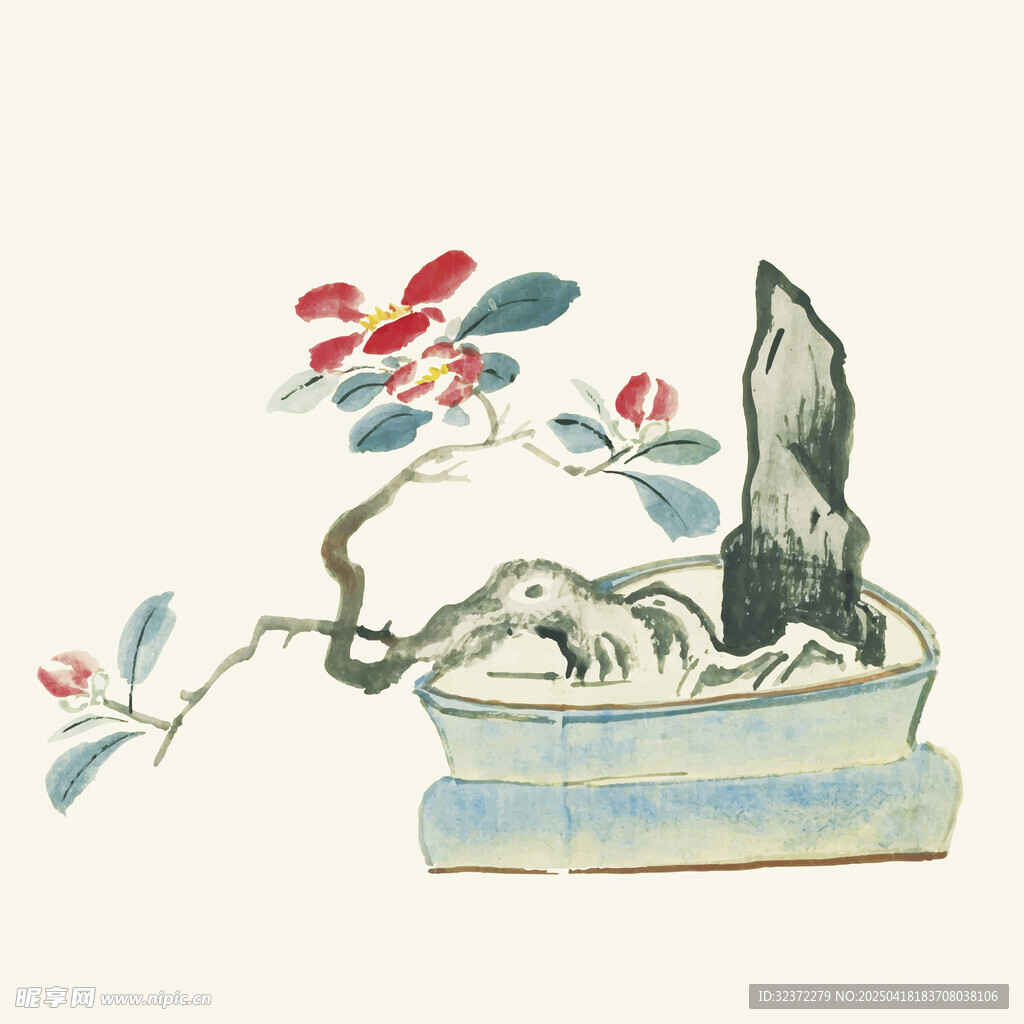 中式盆景绘画艺术作品