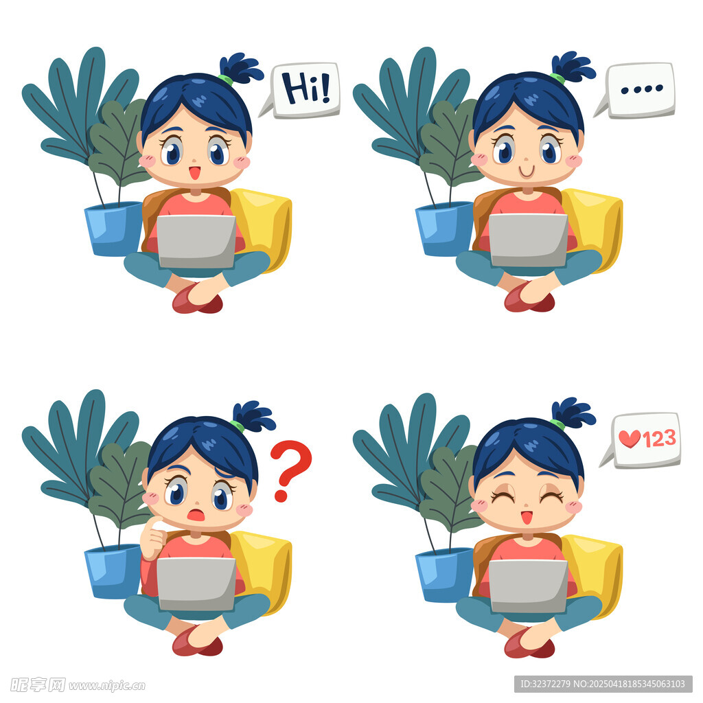 女孩使用电脑的多样表情