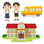 学生与校车前的学校