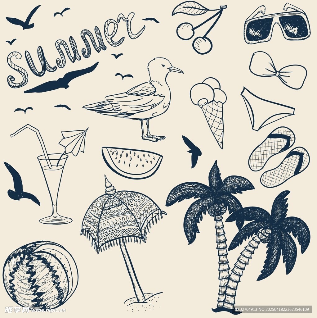 夏日海滩元素手绘插画