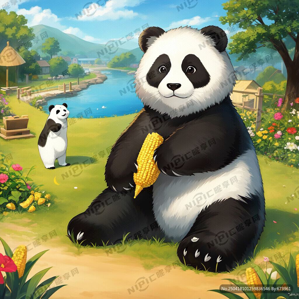 一只可爱的大熊猫 背后也有玉米