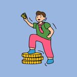 男子踏金币手持钞票