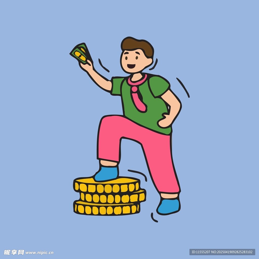 男子踏金币手持钞票
