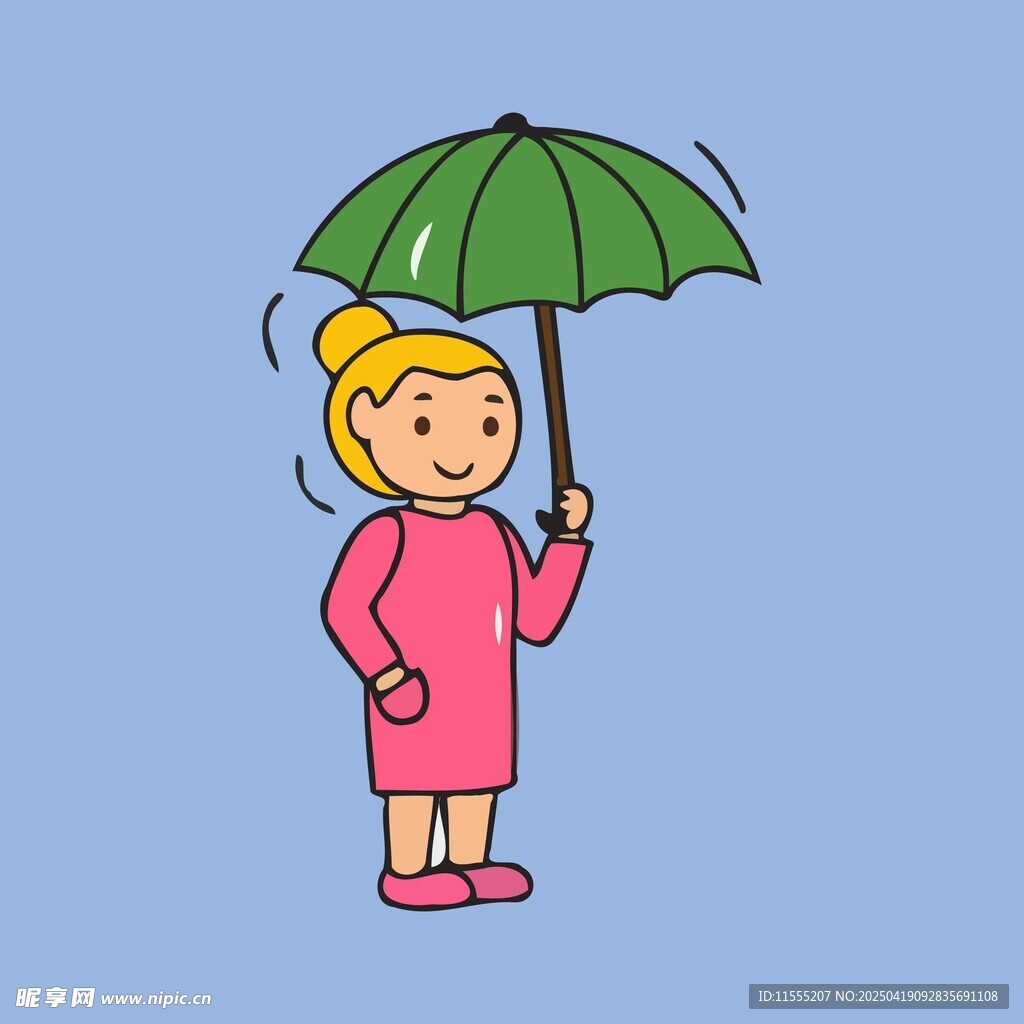 撑绿伞的粉色着装小女孩