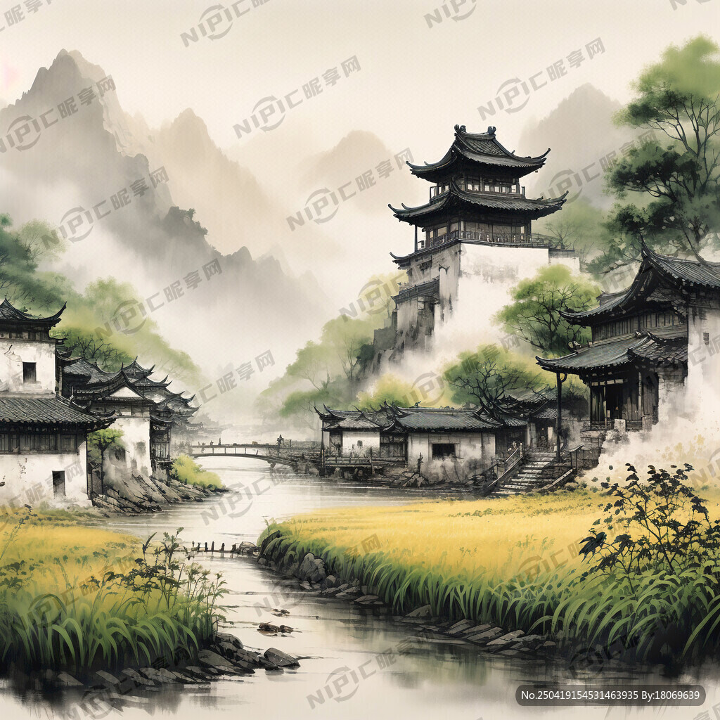 古镇 麦田 山水画 绿色水墨画