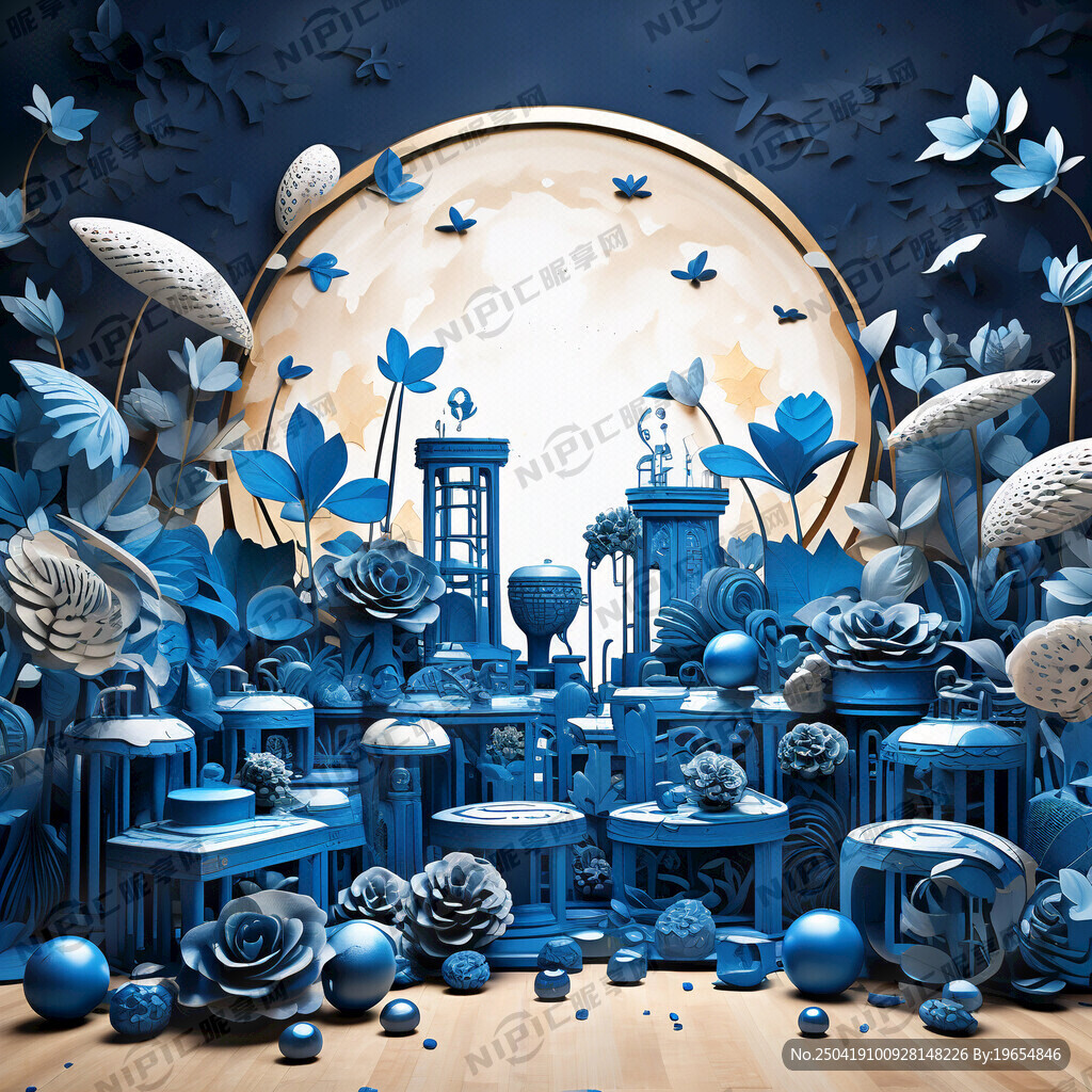 劳动节蓝色系镂空美陈打卡场景