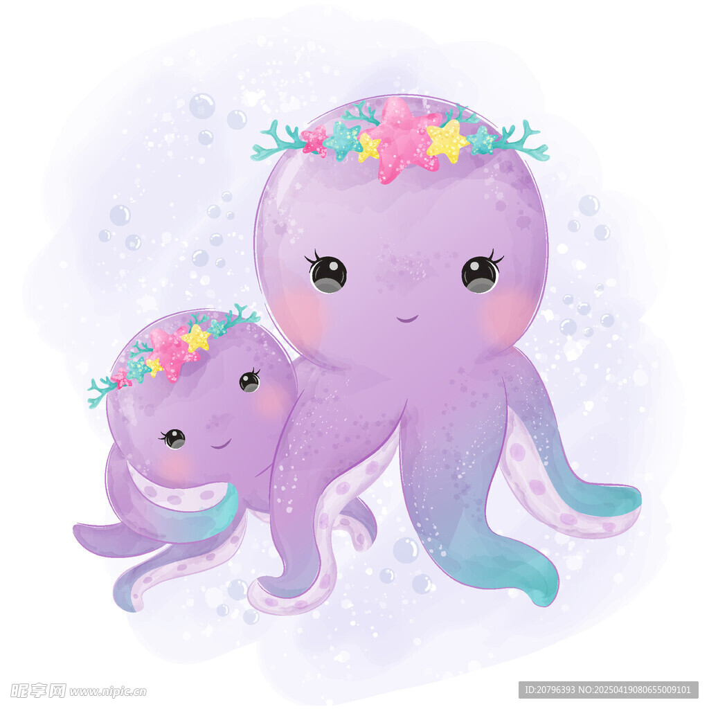 可爱章鱼母女插画