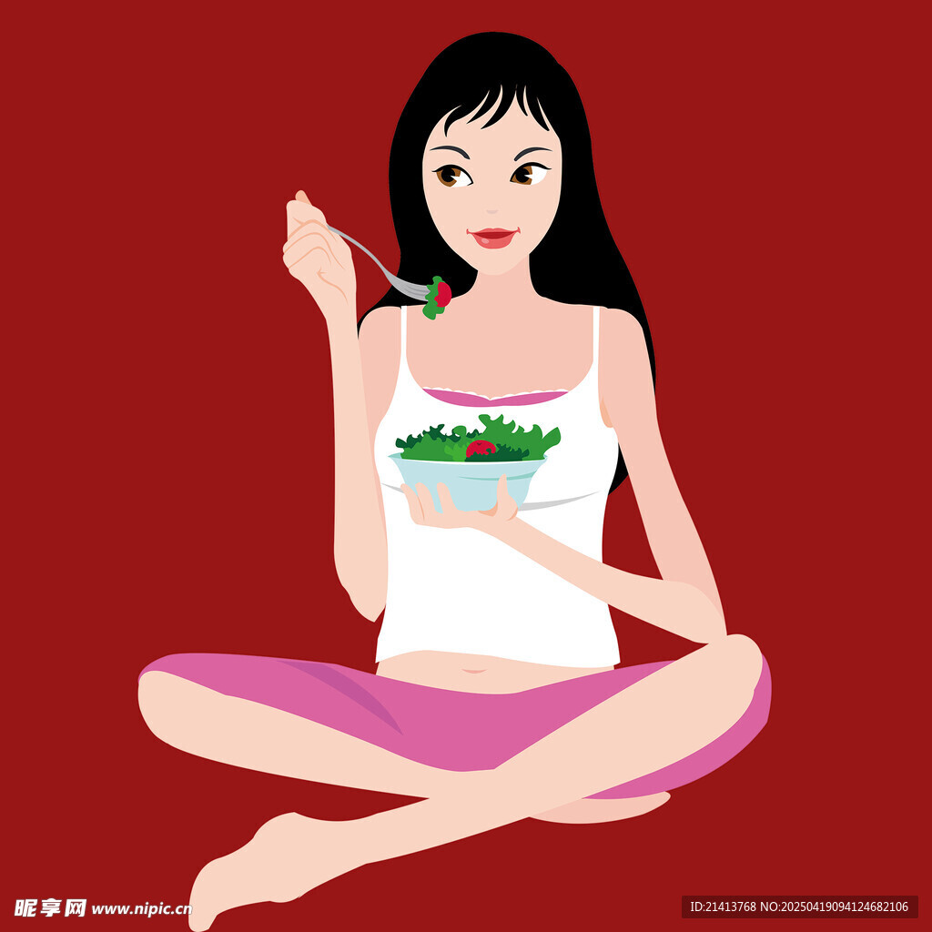女子盘腿享用健康蔬菜餐