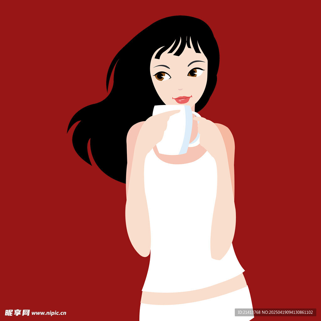 红衣女子手持白色杯子