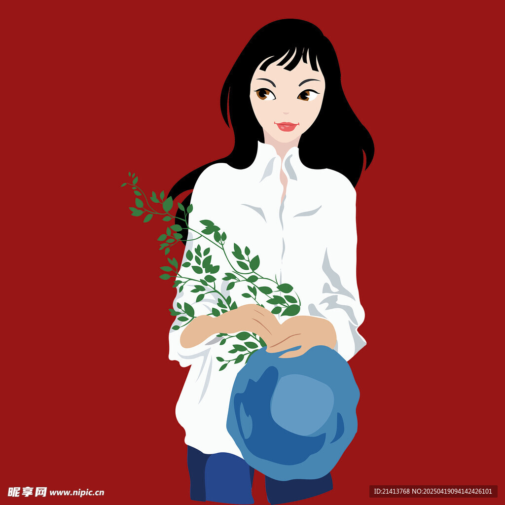 手持绿植的清新女孩