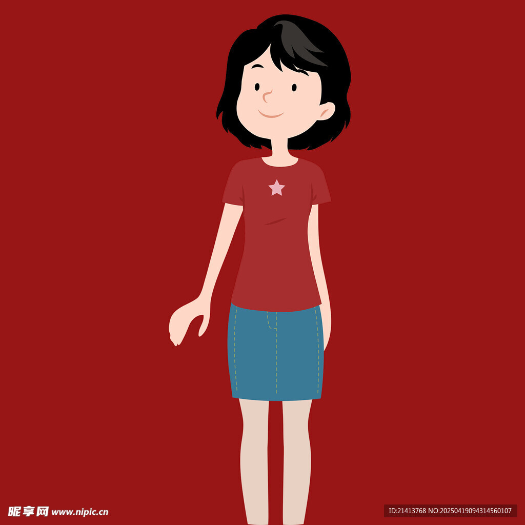 红衣蓝裙站立卡通女孩
