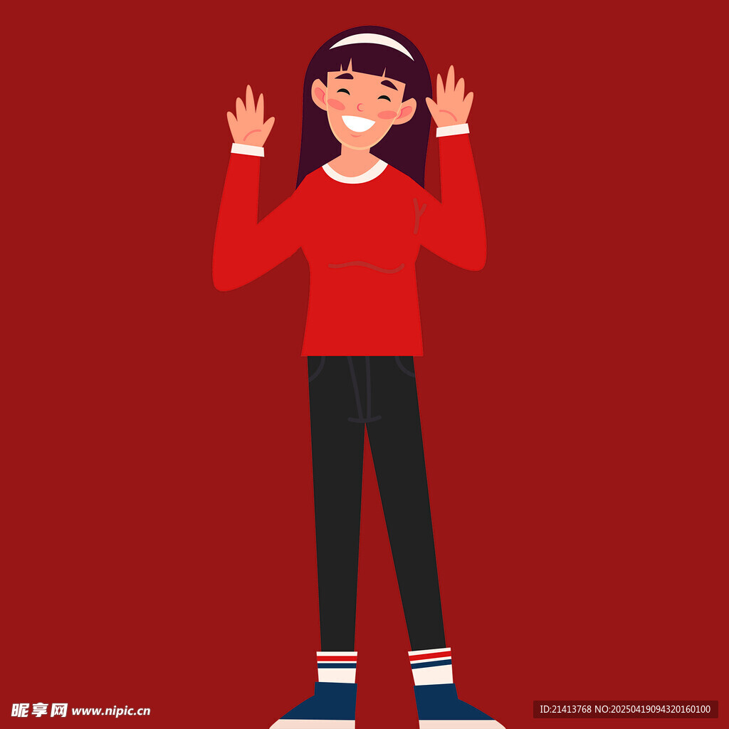 红衣女孩开心比耶