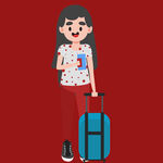 女孩拖着行李箱准备出行