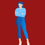 红衣背景下的蓝衣站立女性