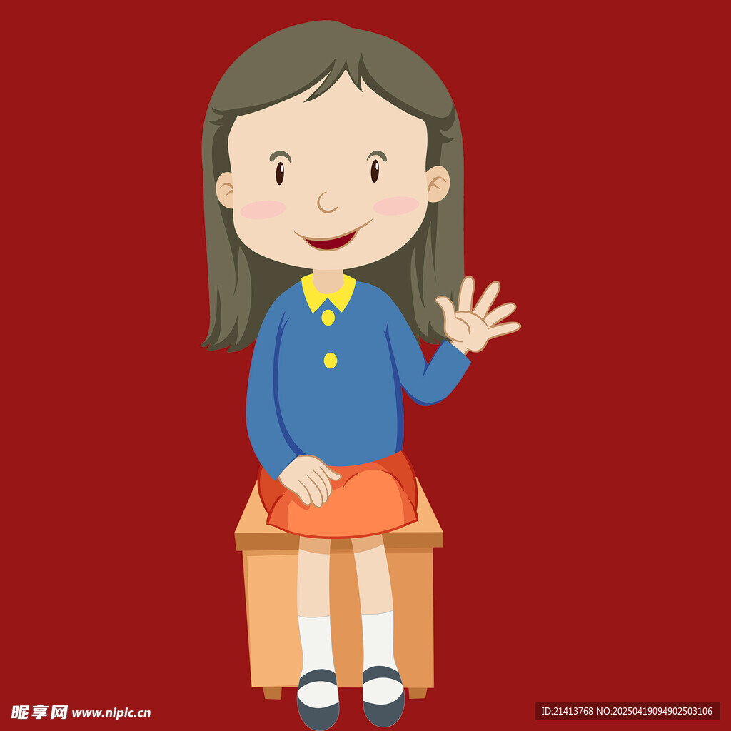 挥手女孩坐于木凳上