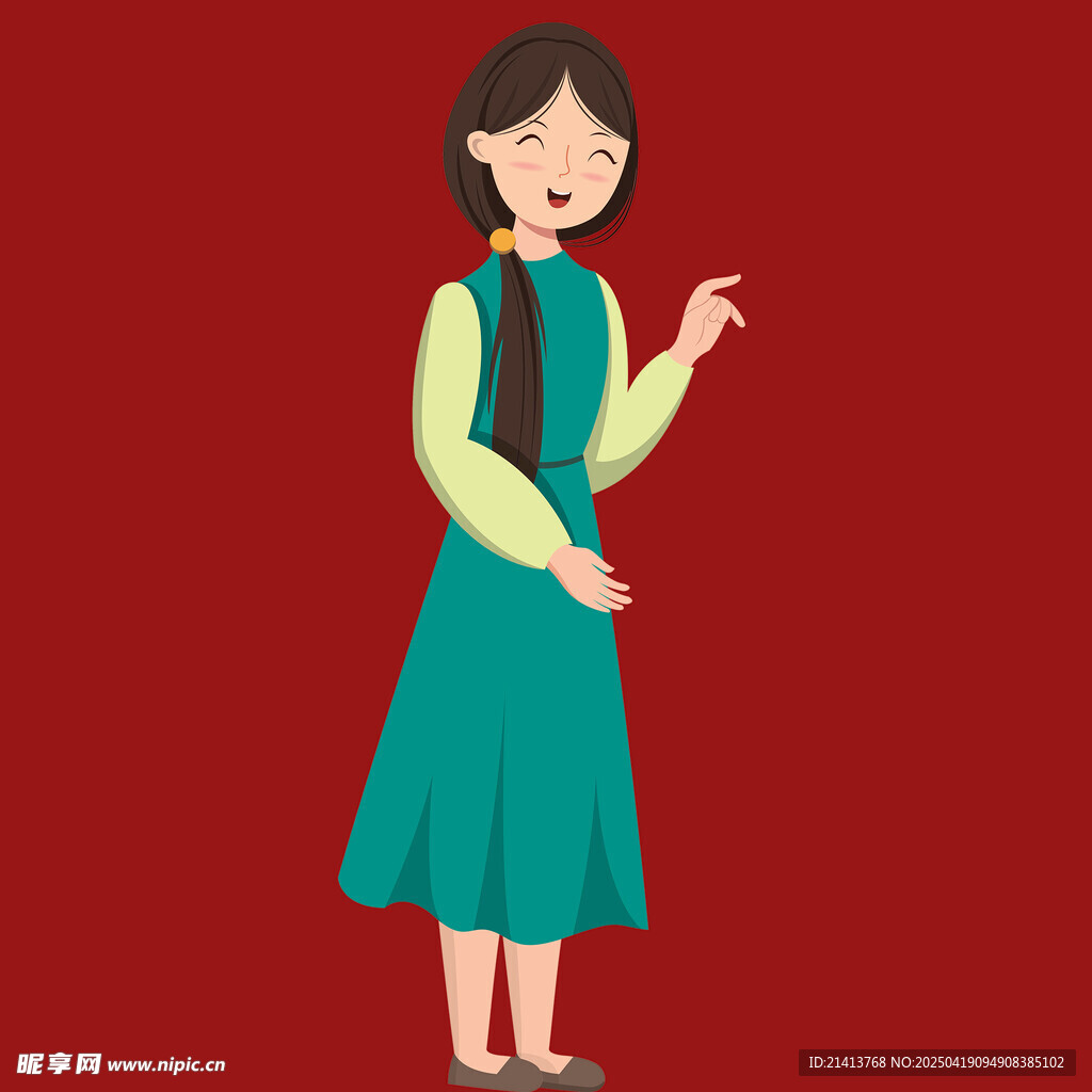 穿绿裙扎辫的可爱女孩