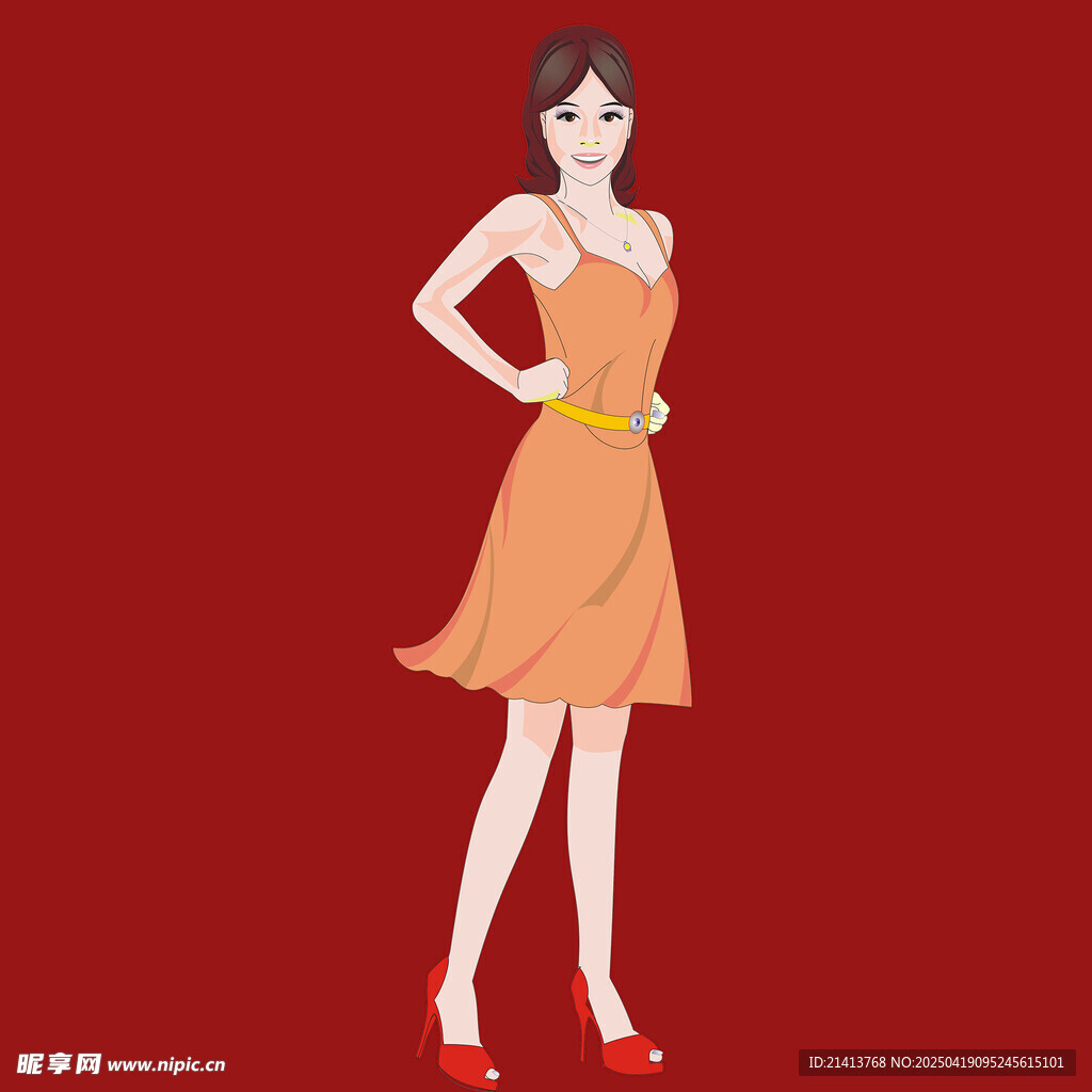 时尚橙裙女子优雅姿态